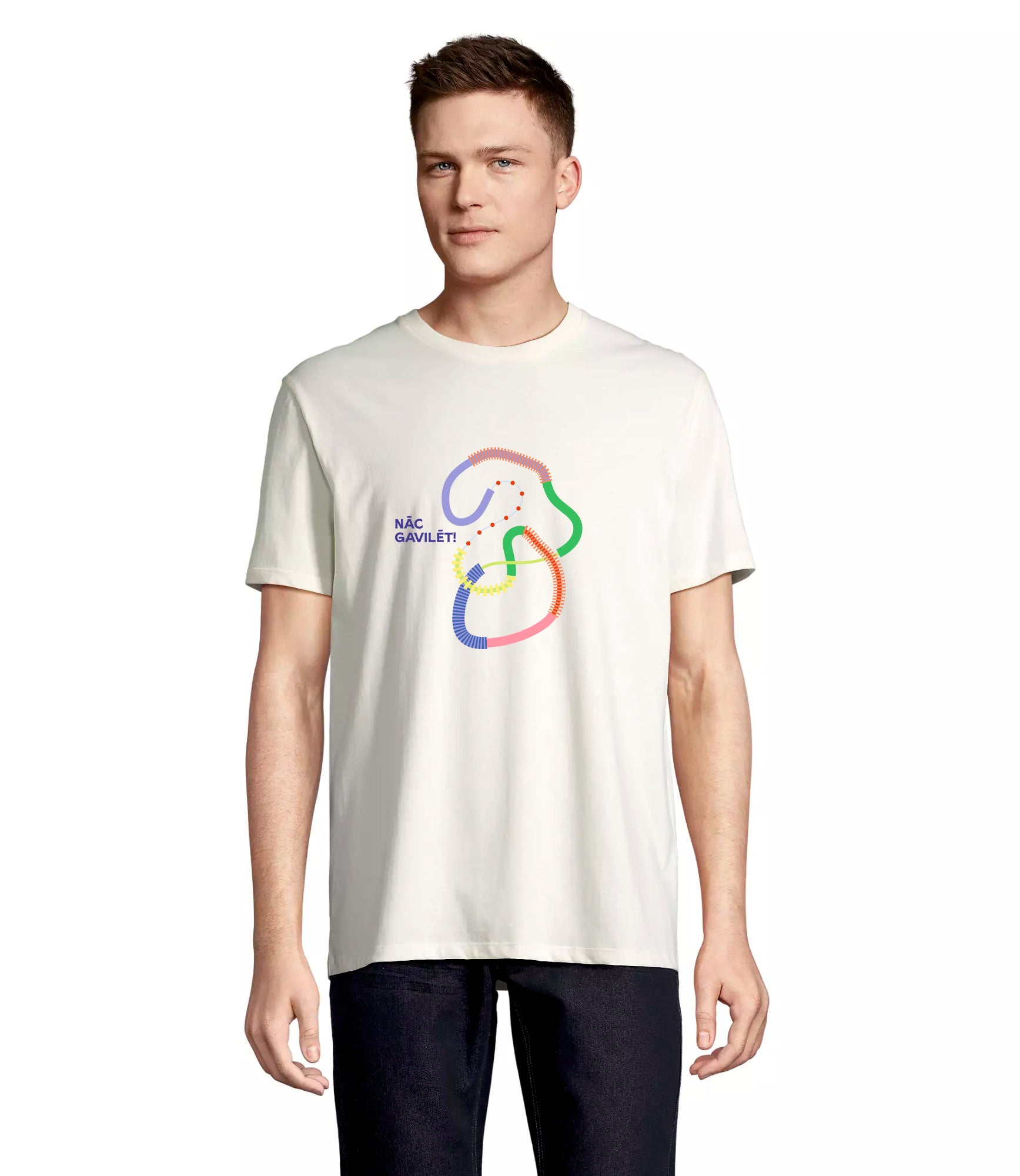 UNISEX T–krekls "Salaca" ar pilnkrāsu grafisko zīmi un uzrakstu "NĀC GAVILĒT!"