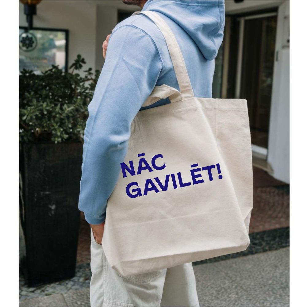 Iepirkumu soma priede ar "nāc gavilēt!" apdruku